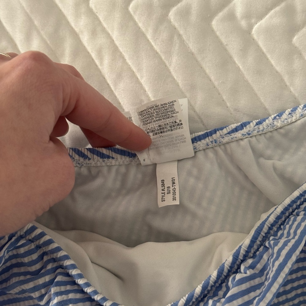 J. Crew One Shoulder Ruffle Swimsuit Seersucker Pom Trim Blue White Red - Picture 8 of 12